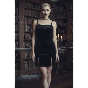 Romwe Women's Wimsigoth Dark Romantic Vamp Black Velvet Dress Size Large